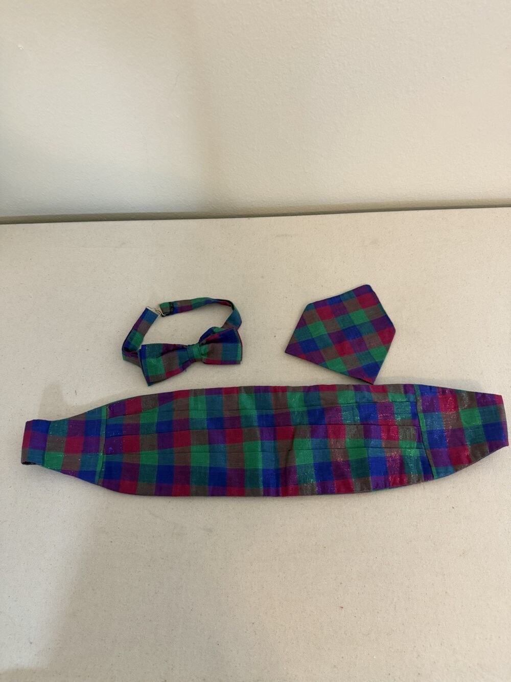 Metallic Pink Blue & Green Cummerbund Bow Tie and Pocket Square Set